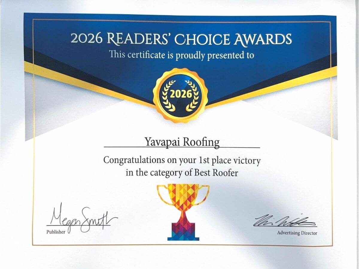 2026 Reader's Choice Award for Best Roofers given to Yavapai Roofing